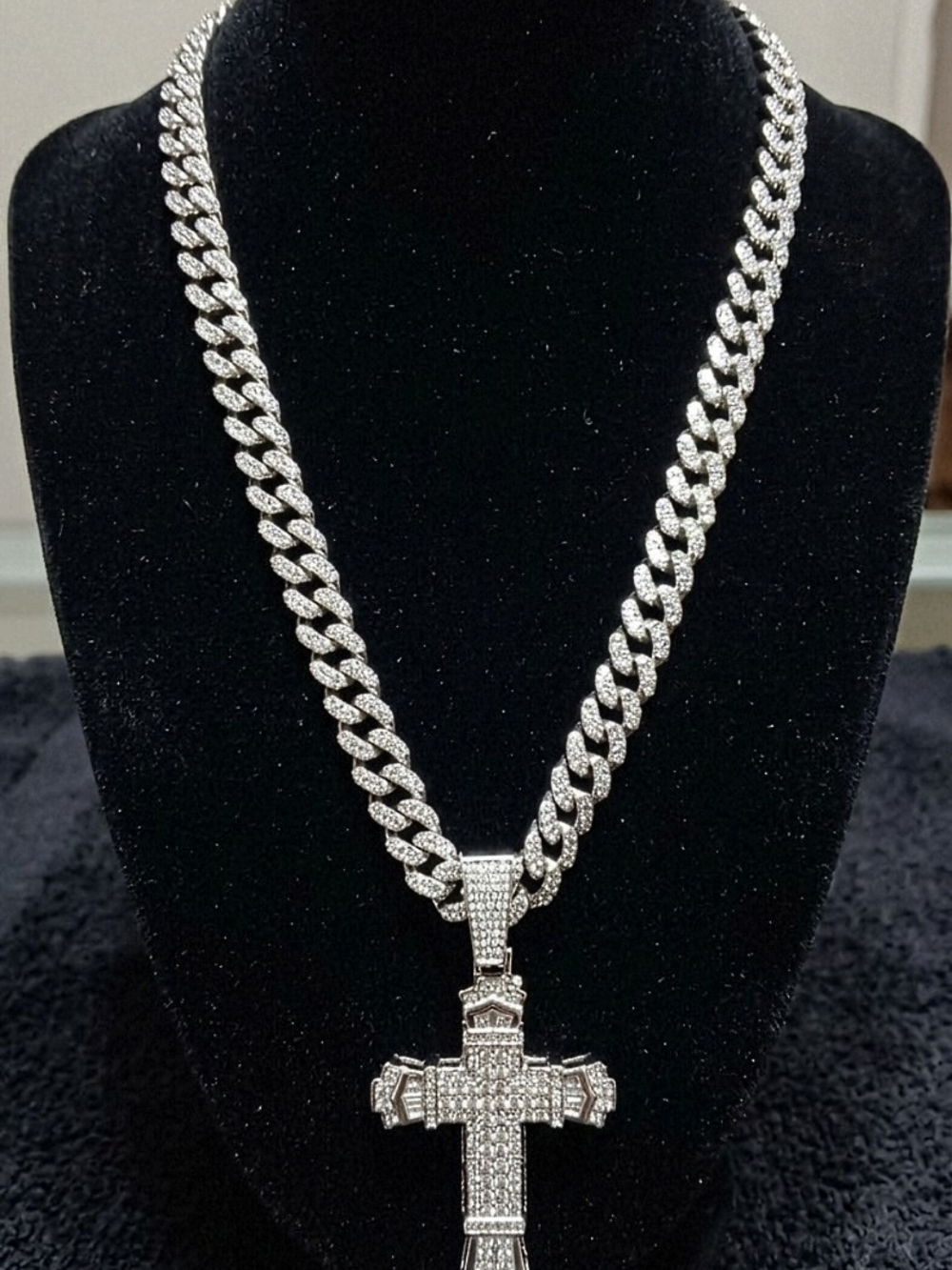 Iced Out Silver-Plated Pave Cuban Link Necklace with Cross Pendant - Men